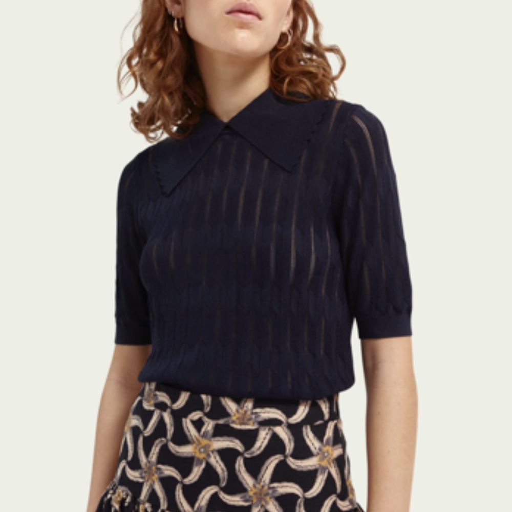 New no tags Scotch & Soda Polo Sweater with Scalloped Collar in Navy Blue Size S